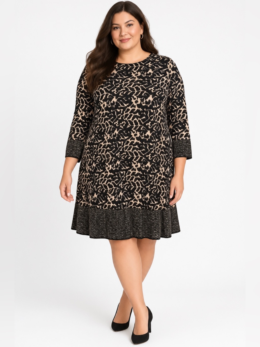 Taylor Woman Black & Cream Round Neck Cozy Sweater Dress Size 2X